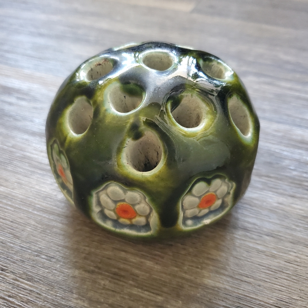 Vintage Glazed Pottery Floral Frog